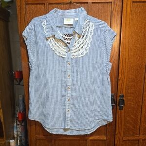 Maeve Blue Striped Button Down Shirt with Lace Detail